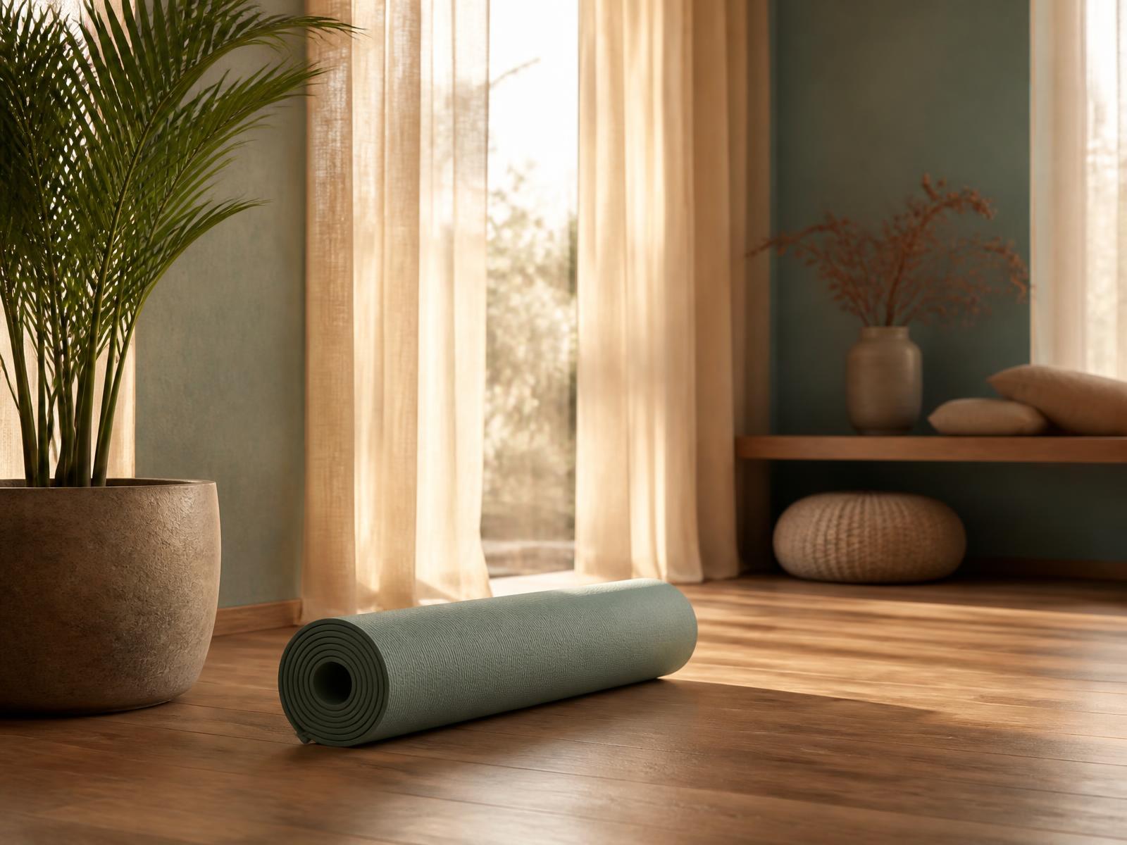 Sunlit wellness studio with a rolled yoga mat on a wooden floor